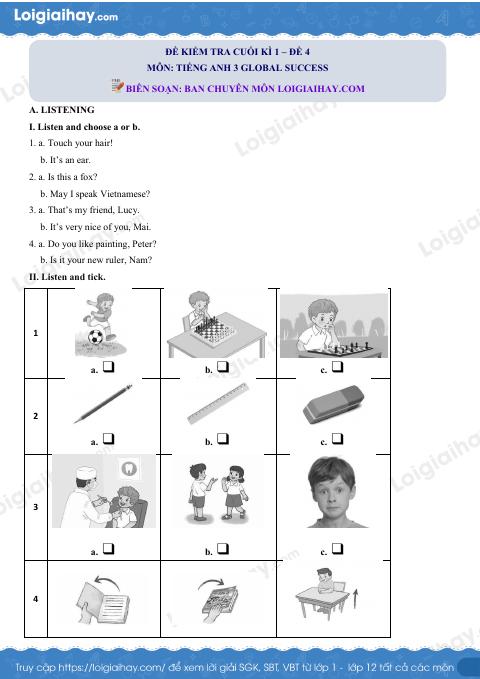 Đề thi học kì 1 Tiếng Anh 3 Global Success - Đề số 4